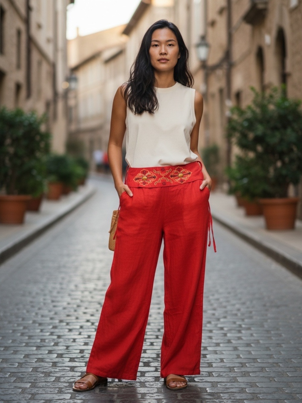 metrostyle Red Embroidered-Waist Wide Linen Leg Pants